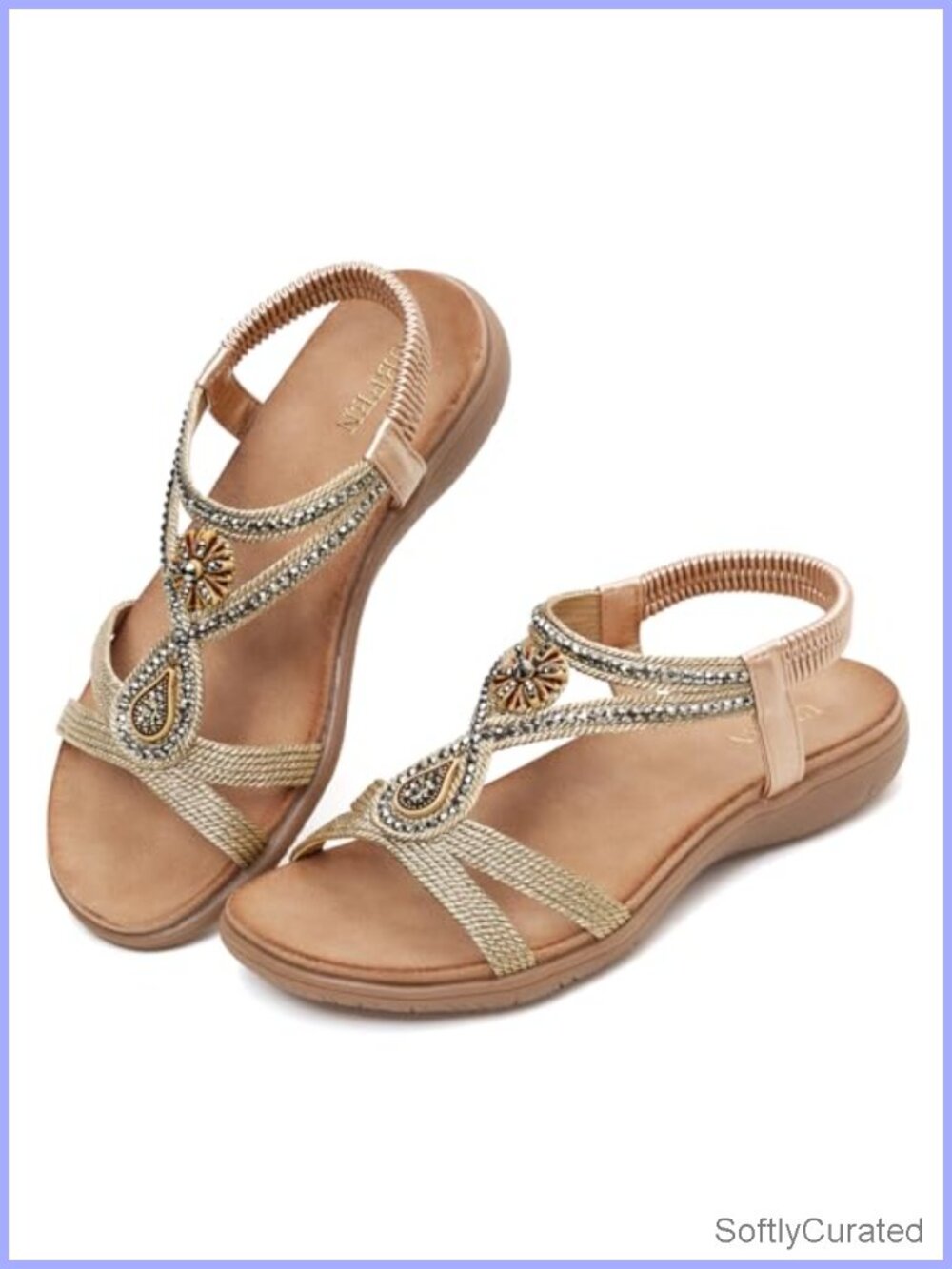 Womens Rhinestone T-Strap Flat Sandals Comfortable Bohemian Beach Shoe